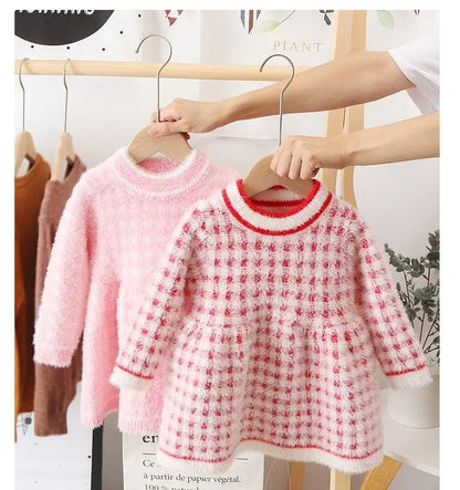 Girls Winter Imitation Mink Fleece Sweater Princess Dress Baby Knit Sweater Baby Winter Foreign Style Hedging Dress