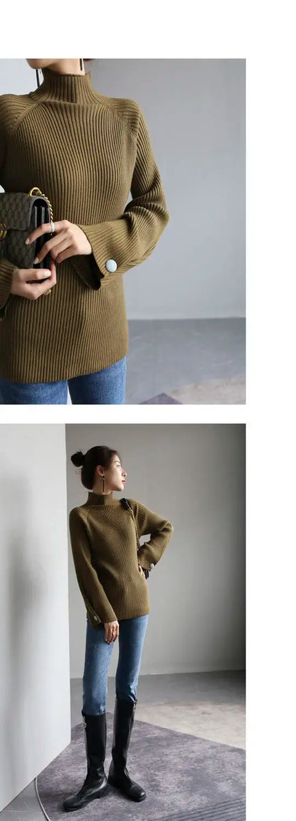 Women Autumn And Winter Half High Collar Knitted Sweaters Solid Female Soft Elastic Soild Color Pullover Button Full Sleeve Tops