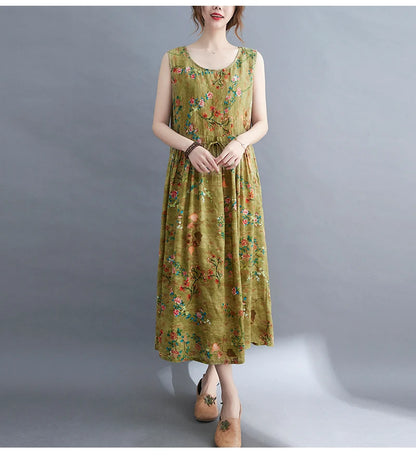 Women Summer Sleeveless Casual Dress New Arrival 2021 Vintage Style Floral Print Loose Cotton Linen Female Long Dresses B592