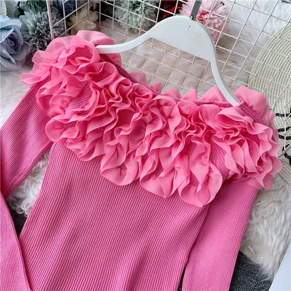 Autumn Women Knitting Full Sleeve Patchwork Sweaters Pullovers Girls Slim Floral Knitted Knitwear Tops GTA014