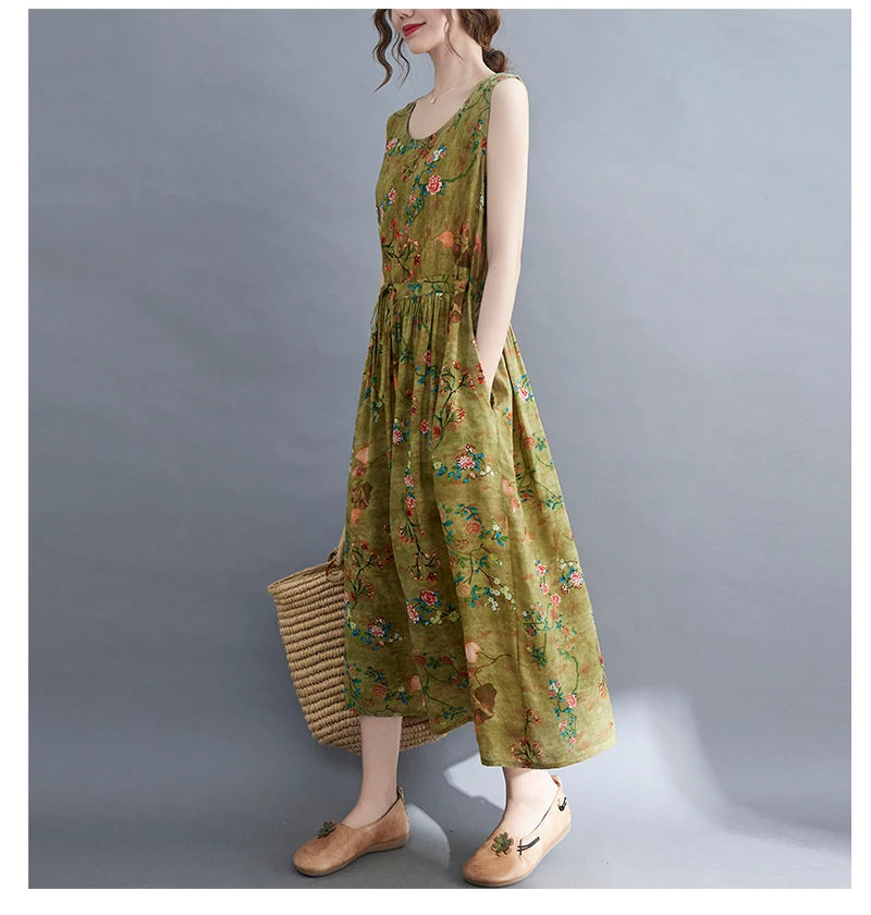 Women Summer Sleeveless Casual Dress New Arrival 2021 Vintage Style Floral Print Loose Cotton Linen Female Long Dresses B592