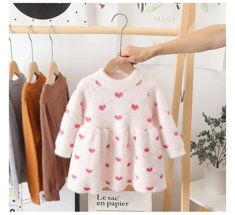 Girls Winter Imitation Mink Fleece Sweater Princess Dress Baby Knit Sweater Baby Winter Foreign Style Hedging Dress