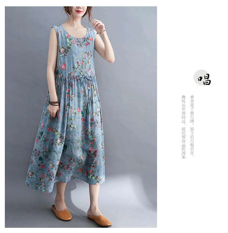 Women Summer Sleeveless Casual Dress New Arrival 2021 Vintage Style Floral Print Loose Cotton Linen Female Long Dresses B592