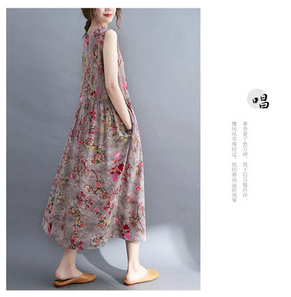 Women Summer Sleeveless Casual Dress New Arrival 2021 Vintage Style Floral Print Loose Cotton Linen Female Long Dresses B592