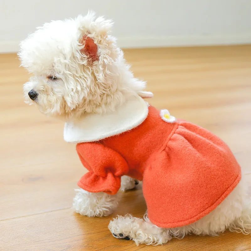 Winter Pet Dog Clothes Warm Dress Princess Puppy Doll Collar Flower Woolen Skirt Cold Tutu Coat Dress For Small Dogs Pet Apparel