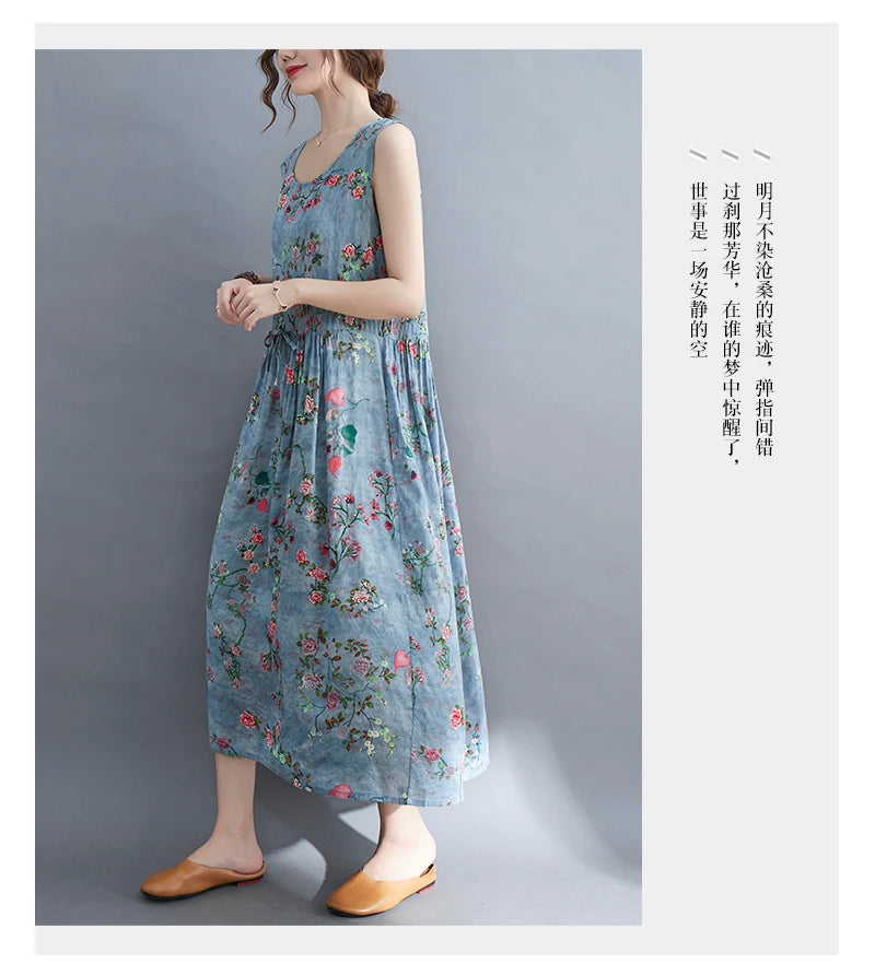 Women Summer Sleeveless Casual Dress New Arrival 2021 Vintage Style Floral Print Loose Cotton Linen Female Long Dresses B592