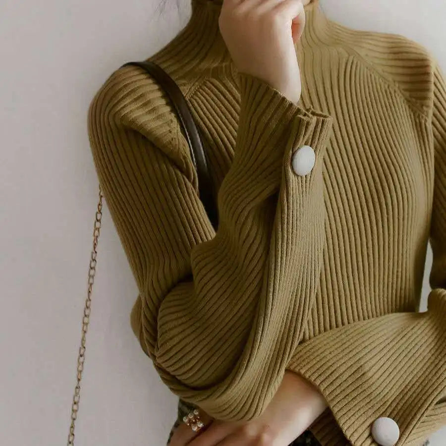 Women Autumn And Winter Half High Collar Knitted Sweaters Solid Female Soft Elastic Soild Color Pullover Button Full Sleeve Tops