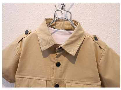 Summer Kids 2024 Summer New Boys Suit Child Buttons Shirt Cargo Shorts Multi-pocket Workwear Suit Short Sleeve Shorts Cotton Set