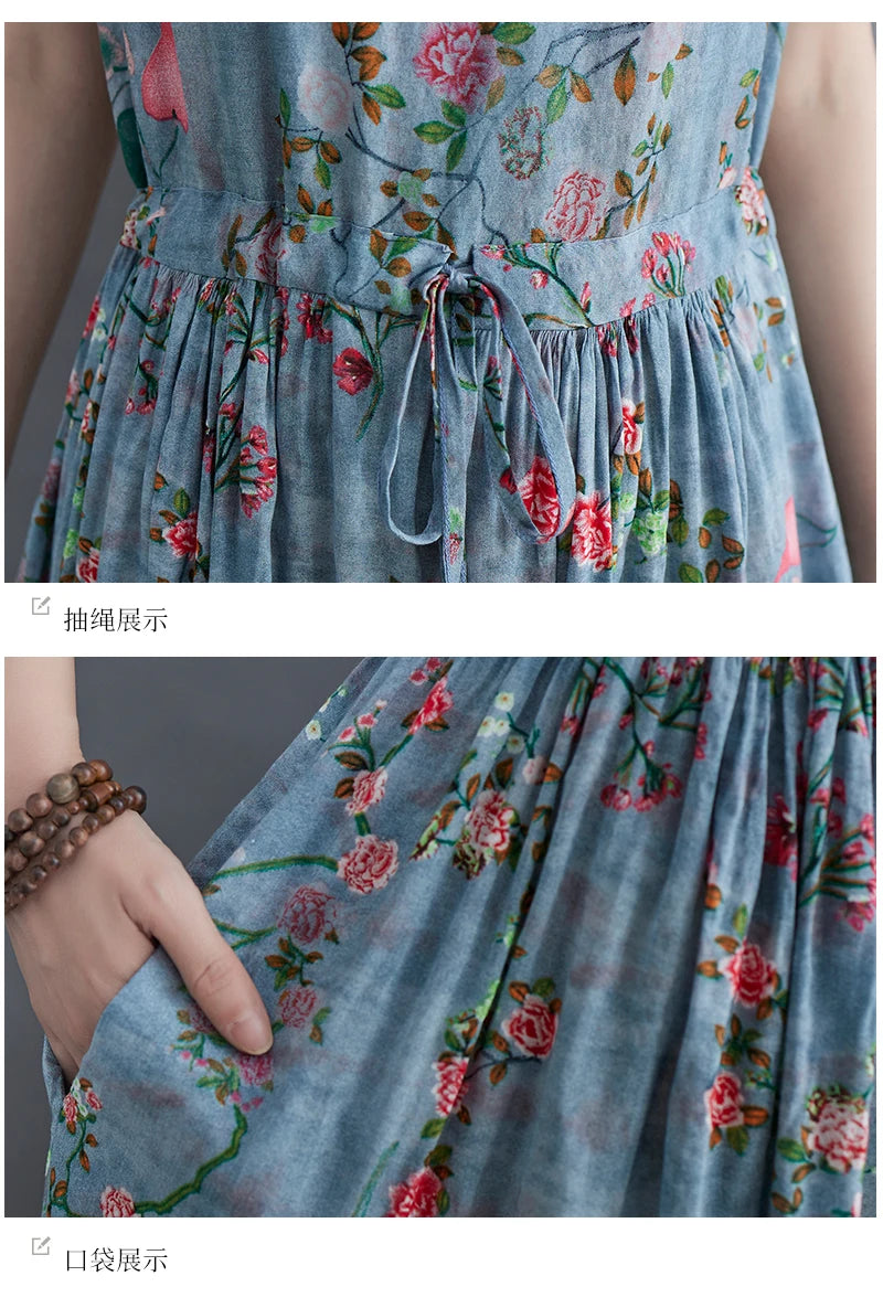 Women Summer Sleeveless Casual Dress New Arrival 2021 Vintage Style Floral Print Loose Cotton Linen Female Long Dresses B592