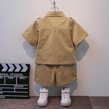 Summer Kids 2024 Summer New Boys Suit Child Buttons Shirt Cargo Shorts Multi-pocket Workwear Suit Short Sleeve Shorts Cotton Set