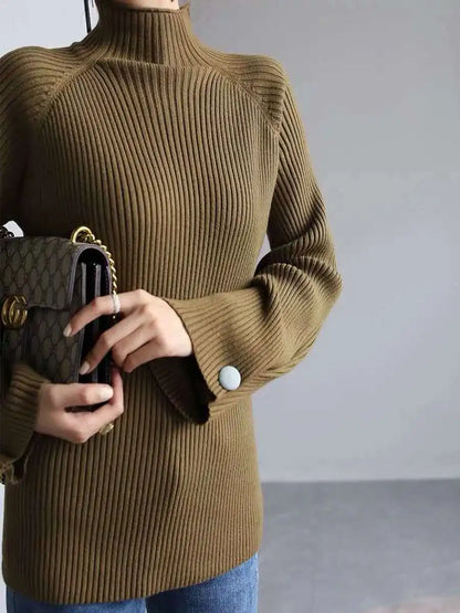Women Autumn And Winter Half High Collar Knitted Sweaters Solid Female Soft Elastic Soild Color Pullover Button Full Sleeve Tops