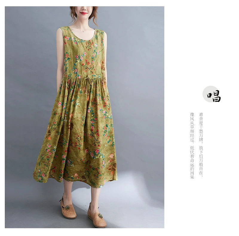 Women Summer Sleeveless Casual Dress New Arrival 2021 Vintage Style Floral Print Loose Cotton Linen Female Long Dresses B592