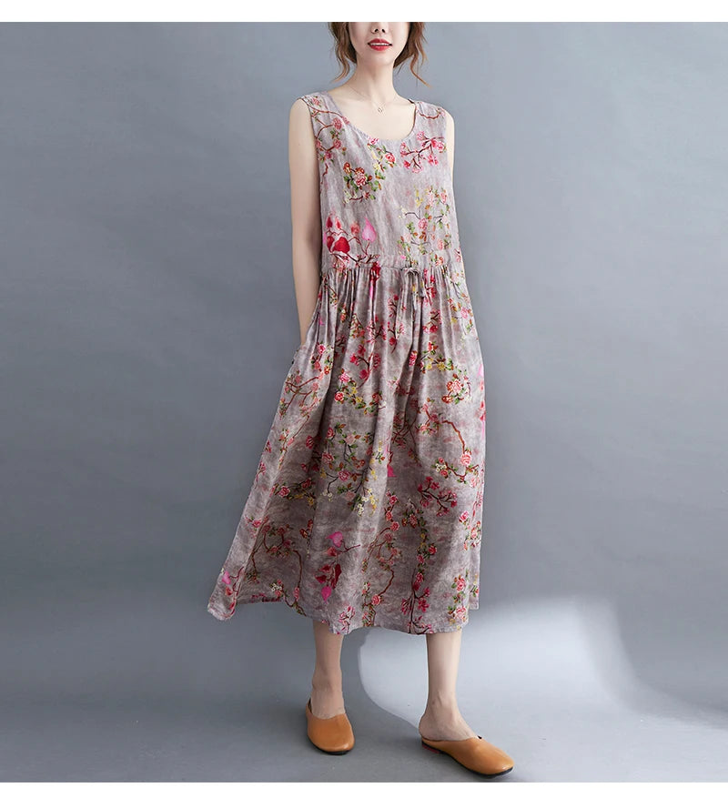 Women Summer Sleeveless Casual Dress New Arrival 2021 Vintage Style Floral Print Loose Cotton Linen Female Long Dresses B592
