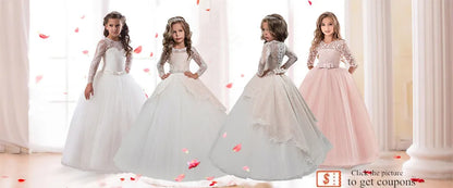Flower Girl Dress Floral Lace Applique Children Wedding Party Gowns New Kids Clothes Princess First Communion Dress