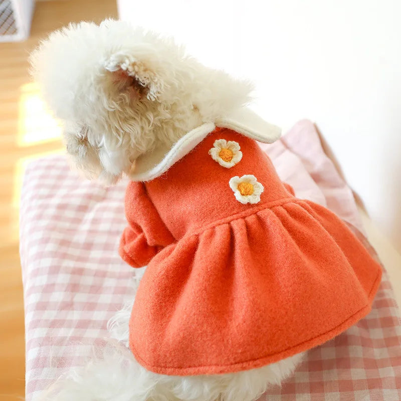 Winter Pet Dog Clothes Warm Dress Princess Puppy Doll Collar Flower Woolen Skirt Cold Tutu Coat Dress For Small Dogs Pet Apparel