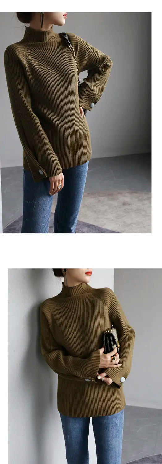 Women Autumn And Winter Half High Collar Knitted Sweaters Solid Female Soft Elastic Soild Color Pullover Button Full Sleeve Tops