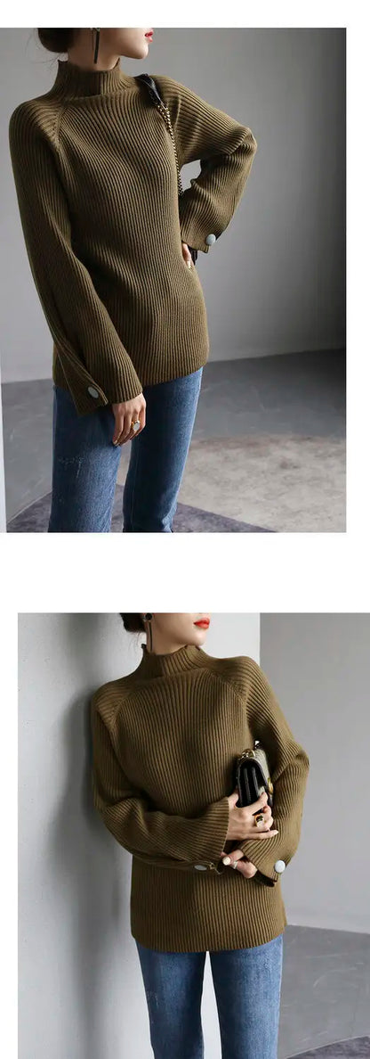 Women Autumn And Winter Half High Collar Knitted Sweaters Solid Female Soft Elastic Soild Color Pullover Button Full Sleeve Tops