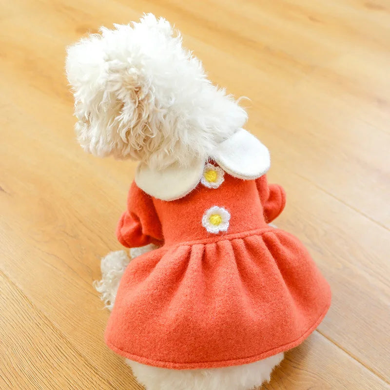 Winter Pet Dog Clothes Warm Dress Princess Puppy Doll Collar Flower Woolen Skirt Cold Tutu Coat Dress For Small Dogs Pet Apparel