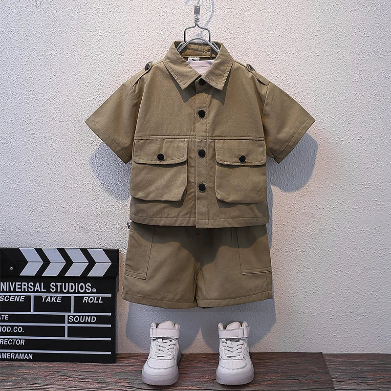 Summer Kids 2024 Summer New Boys Suit Child Buttons Shirt Cargo Shorts Multi-pocket Workwear Suit Short Sleeve Shorts Cotton Set