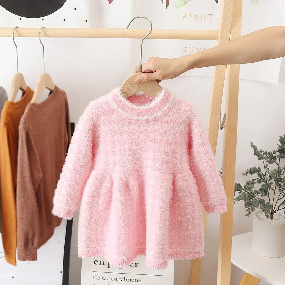 Girls Winter Imitation Mink Fleece Sweater Princess Dress Baby Knit Sweater Baby Winter Foreign Style Hedging Dress