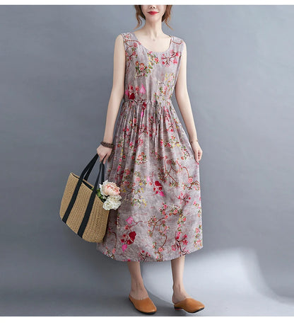 Women Summer Sleeveless Casual Dress New Arrival 2021 Vintage Style Floral Print Loose Cotton Linen Female Long Dresses B592