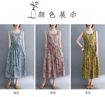 Women Summer Sleeveless Casual Dress New Arrival 2021 Vintage Style Floral Print Loose Cotton Linen Female Long Dresses B592
