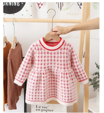 Girls Winter Imitation Mink Fleece Sweater Princess Dress Baby Knit Sweater Baby Winter Foreign Style Hedging Dress