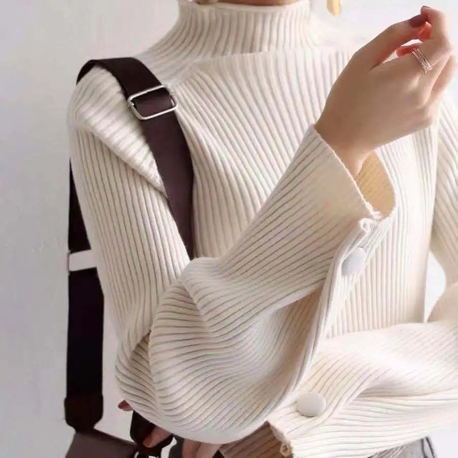 Women Autumn And Winter Half High Collar Knitted Sweaters Solid Female Soft Elastic Soild Color Pullover Button Full Sleeve Tops