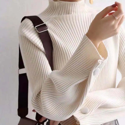 Women Autumn And Winter Half High Collar Knitted Sweaters Solid Female Soft Elastic Soild Color Pullover Button Full Sleeve Tops