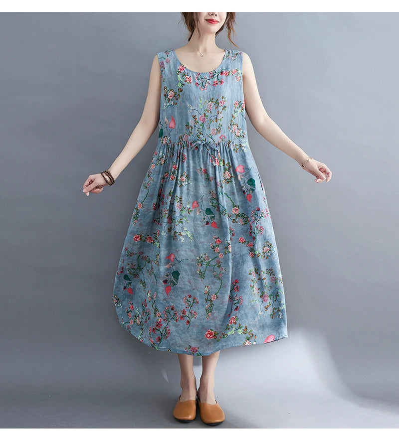 Women Summer Sleeveless Casual Dress New Arrival 2021 Vintage Style Floral Print Loose Cotton Linen Female Long Dresses B592