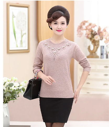Middle-aged Women's Winter Sweaters And Pullovers Warm Bottoming O-neck Wool Sweater Mother Dress Tops Jumper Feminina W105