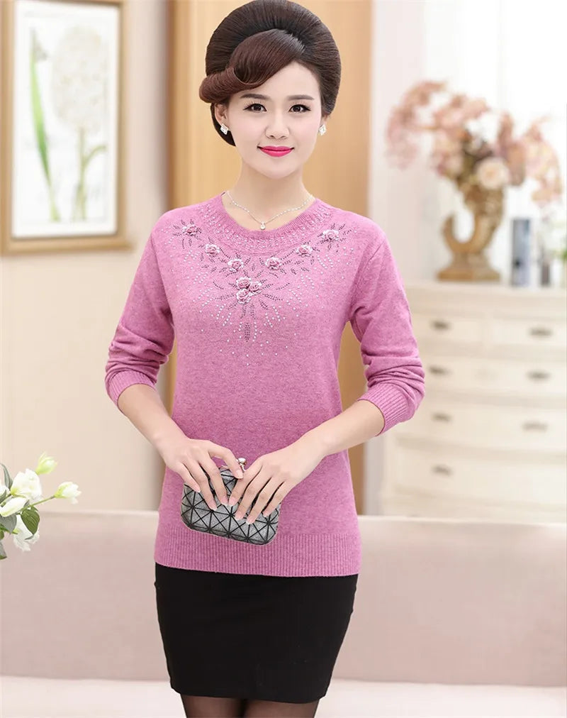 Middle-aged Women's Winter Sweaters And Pullovers Warm Bottoming O-neck Wool Sweater Mother Dress Tops Jumper Feminina W105