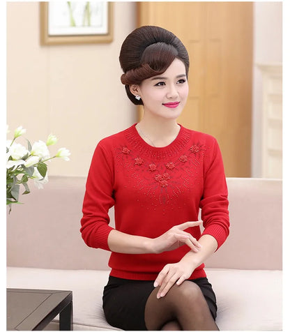 Middle-aged Women's Winter Sweaters And Pullovers Warm Bottoming O-neck Wool Sweater Mother Dress Tops Jumper Feminina W105