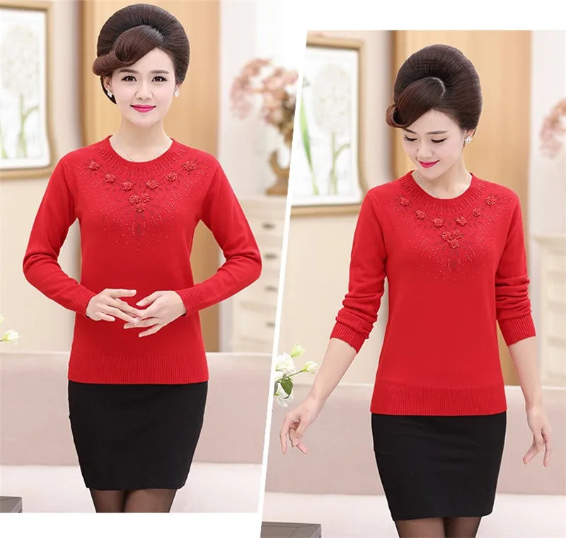Middle-aged Women's Winter Sweaters And Pullovers Warm Bottoming O-neck Wool Sweater Mother Dress Tops Jumper Feminina W105