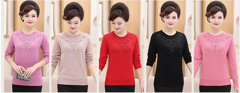 Middle-aged Women's Winter Sweaters And Pullovers Warm Bottoming O-neck Wool Sweater Mother Dress Tops Jumper Feminina W105