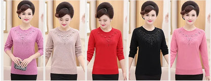 Middle-aged Women's Winter Sweaters And Pullovers Warm Bottoming O-neck Wool Sweater Mother Dress Tops Jumper Feminina W105