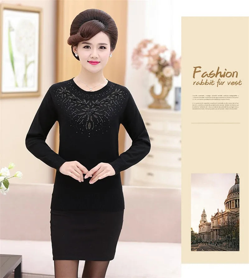 Middle-aged Women's Winter Sweaters And Pullovers Warm Bottoming O-neck Wool Sweater Mother Dress Tops Jumper Feminina W105
