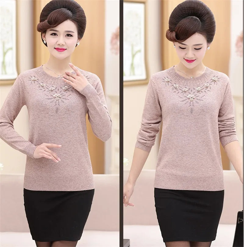 Middle-aged Women's Winter Sweaters And Pullovers Warm Bottoming O-neck Wool Sweater Mother Dress Tops Jumper Feminina W105