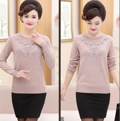 Middle-aged Women's Winter Sweaters And Pullovers Warm Bottoming O-neck Wool Sweater Mother Dress Tops Jumper Feminina W105