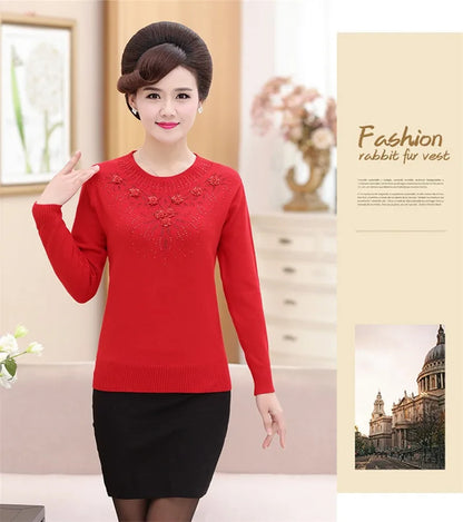 Middle-aged Women's Winter Sweaters And Pullovers Warm Bottoming O-neck Wool Sweater Mother Dress Tops Jumper Feminina W105