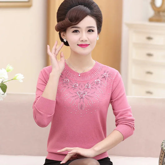 Middle-aged Women's Winter Sweaters And Pullovers Warm Bottoming O-neck Wool Sweater Mother Dress Tops Jumper Feminina W105