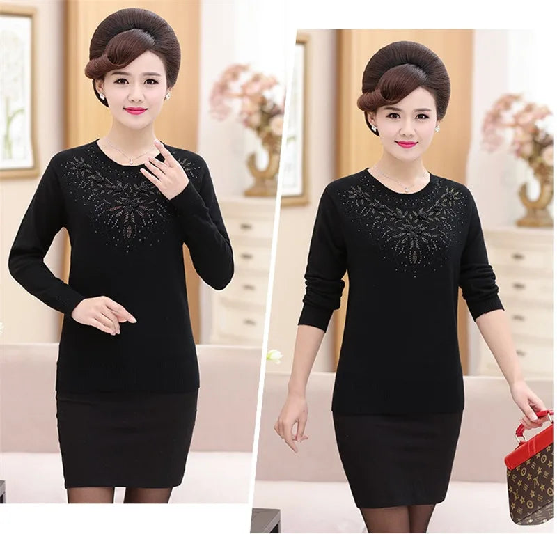 Middle-aged Women's Winter Sweaters And Pullovers Warm Bottoming O-neck Wool Sweater Mother Dress Tops Jumper Feminina W105