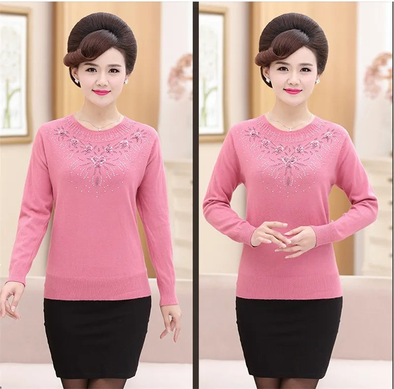 Middle-aged Women's Winter Sweaters And Pullovers Warm Bottoming O-neck Wool Sweater Mother Dress Tops Jumper Feminina W105