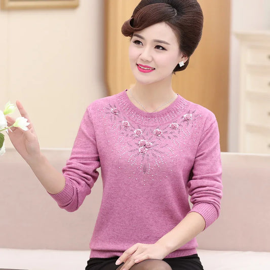 Middle-aged Women's Winter Sweaters And Pullovers Warm Bottoming O-neck Wool Sweater Mother Dress Tops Jumper Feminina W105