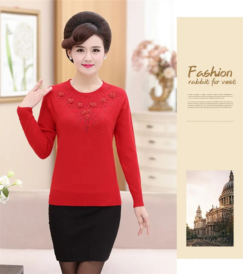 Middle-aged Women's Winter Sweaters And Pullovers Warm Bottoming O-neck Wool Sweater Mother Dress Tops Jumper Feminina W105