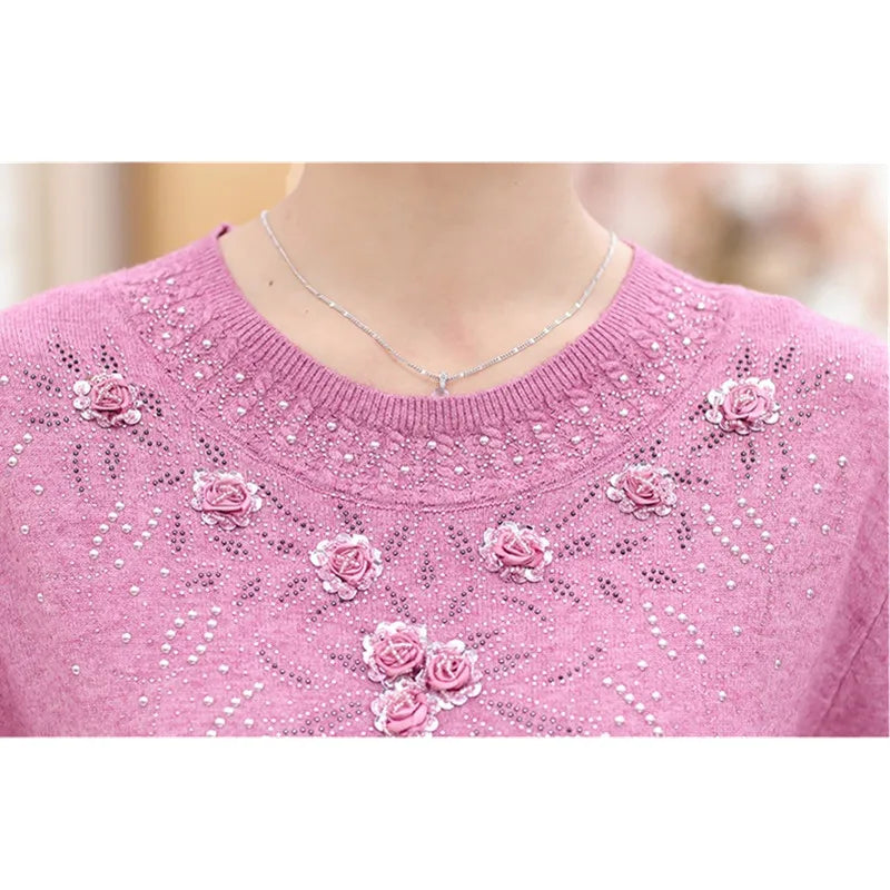Middle-aged Women's Winter Sweaters And Pullovers Warm Bottoming O-neck Wool Sweater Mother Dress Tops Jumper Feminina W105