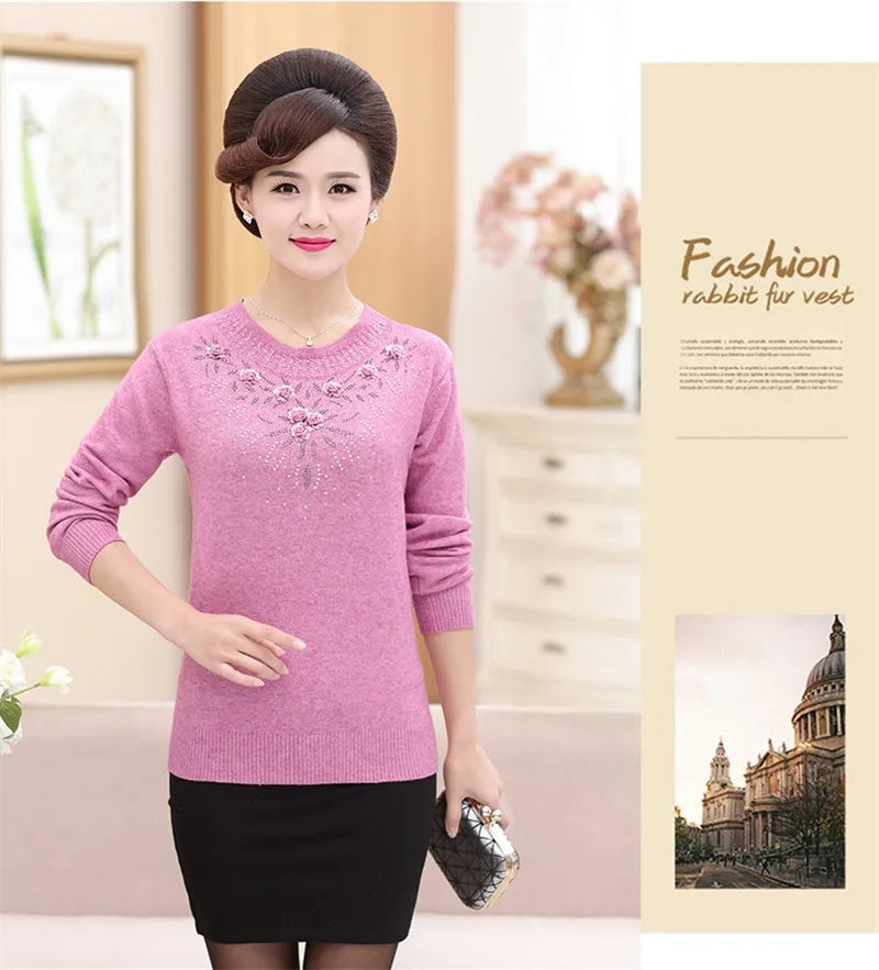 Middle-aged Women's Winter Sweaters And Pullovers Warm Bottoming O-neck Wool Sweater Mother Dress Tops Jumper Feminina W105