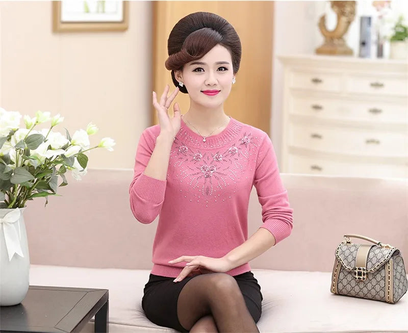 Middle-aged Women's Winter Sweaters And Pullovers Warm Bottoming O-neck Wool Sweater Mother Dress Tops Jumper Feminina W105