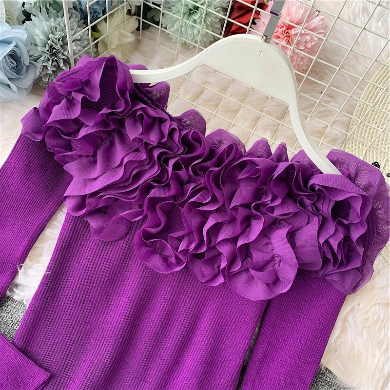 Autumn Women Knitting Full Sleeve Patchwork Sweaters Pullovers Girls Slim Floral Knitted Knitwear Tops GTA014