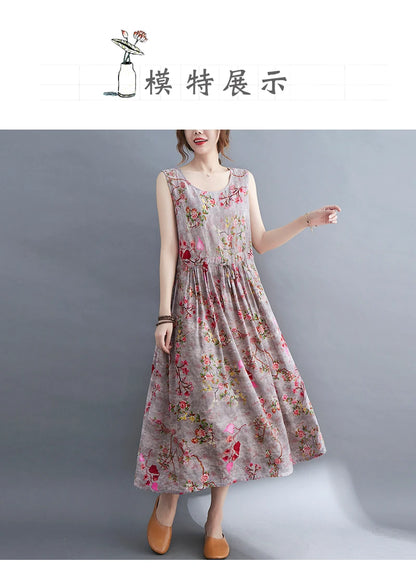 Women Summer Sleeveless Casual Dress New Arrival 2021 Vintage Style Floral Print Loose Cotton Linen Female Long Dresses B592